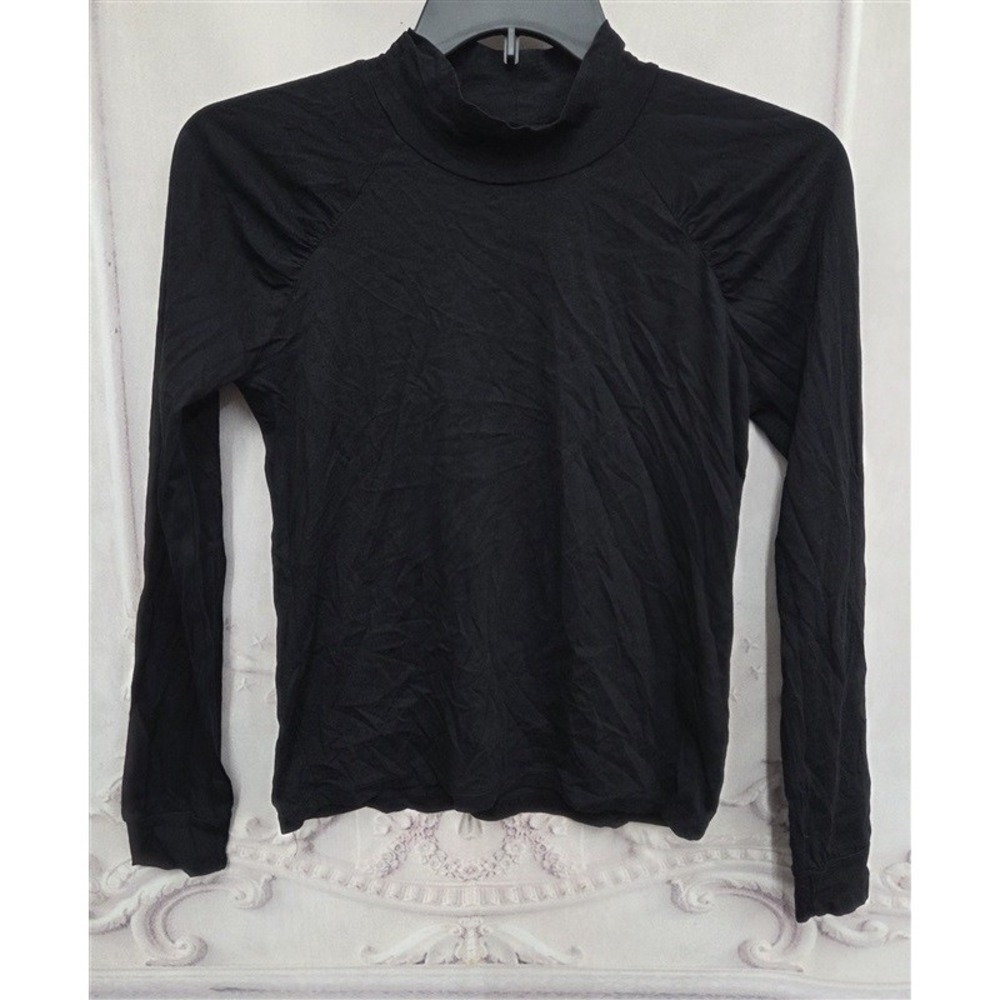 NWT Bobi S Mock Neck Pleated Shoulder Long Sleeve T Shirt Black 132036 - Picture 2 of 4